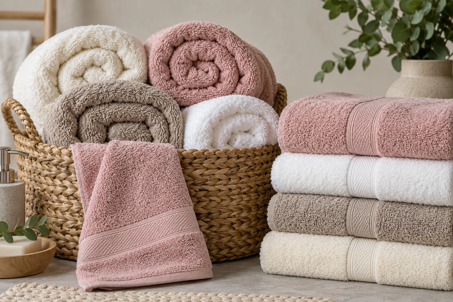 Folded and rolled cotton bath towels