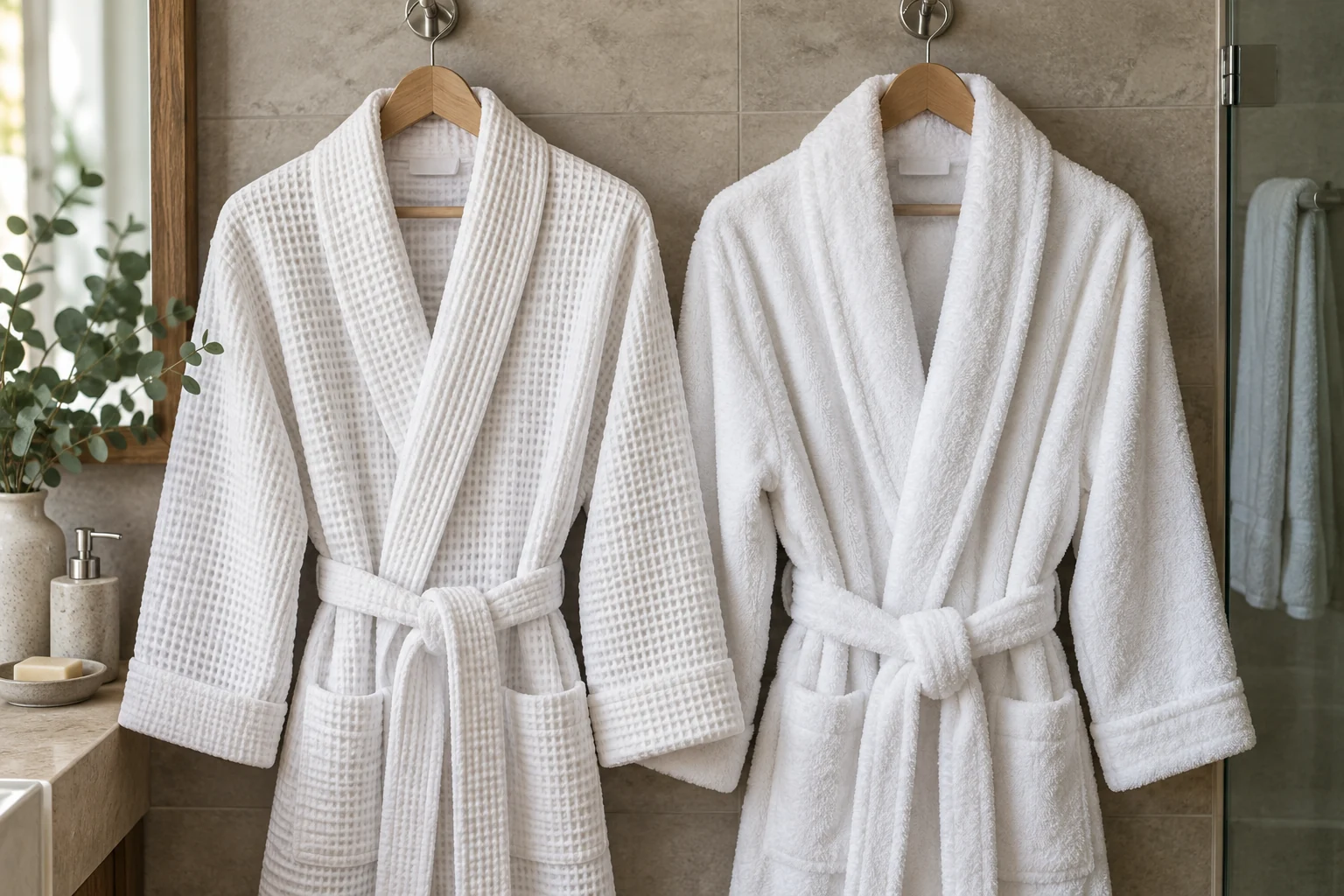 Two white cotton bathrobes