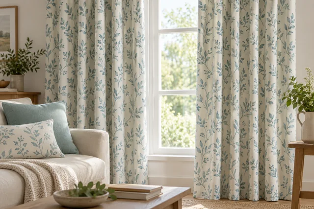 Floral curtains beside a sunlit window