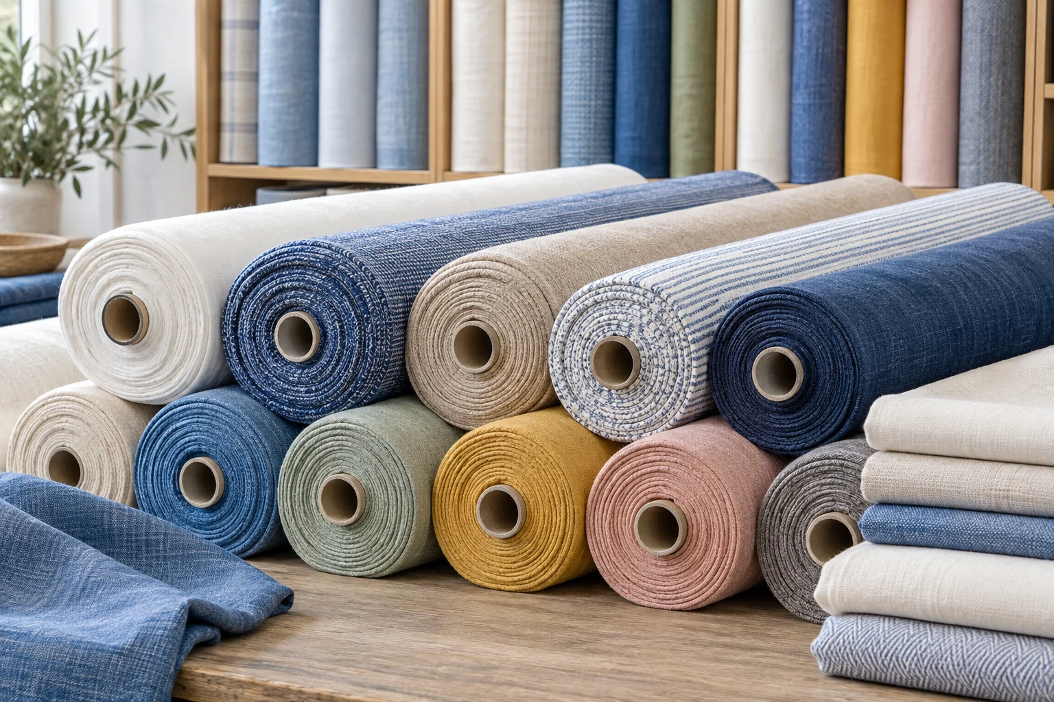 Rows of fabric rolls in soft neutral and blue shades