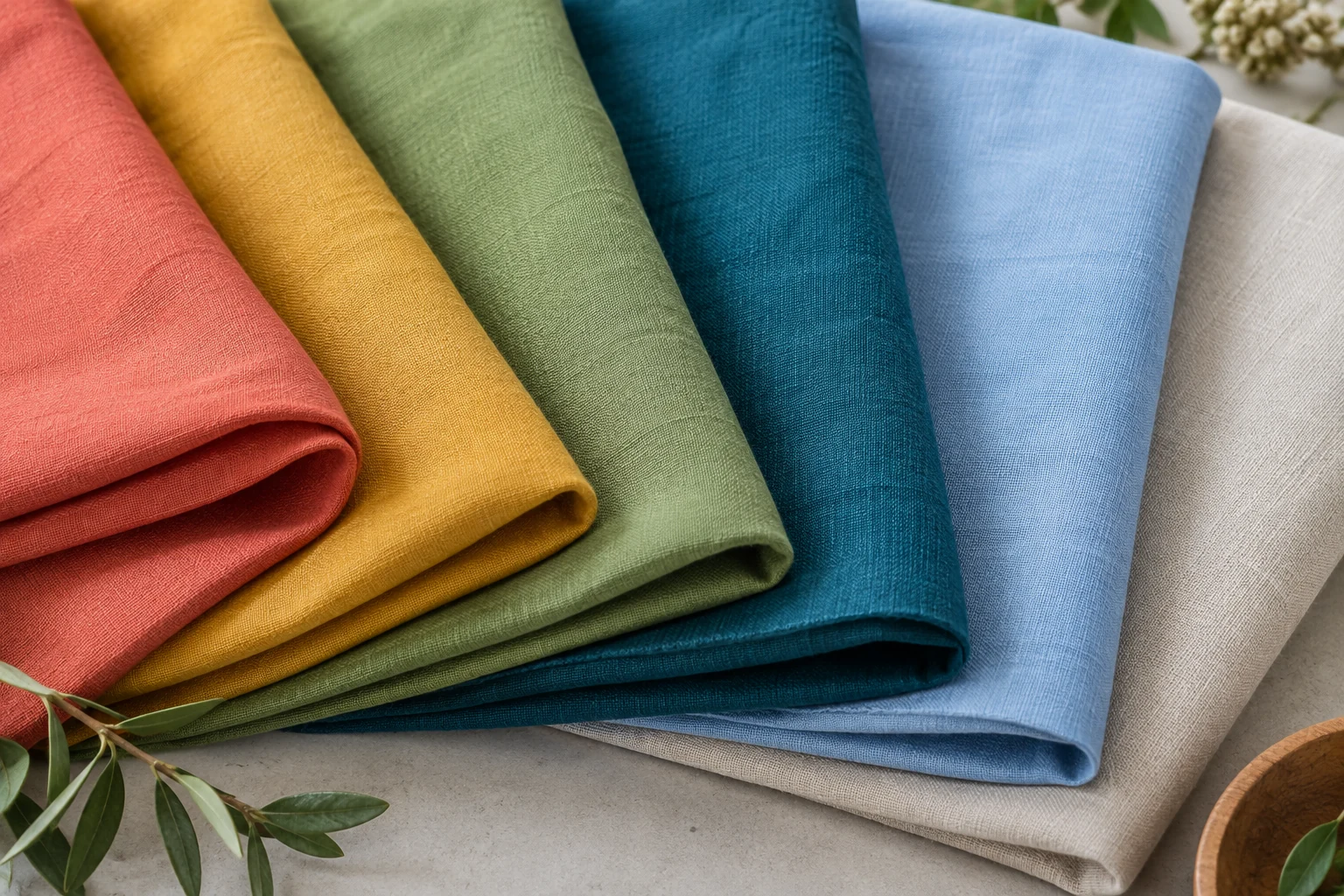 Folded fabric swatches in coral, gold, green and blue